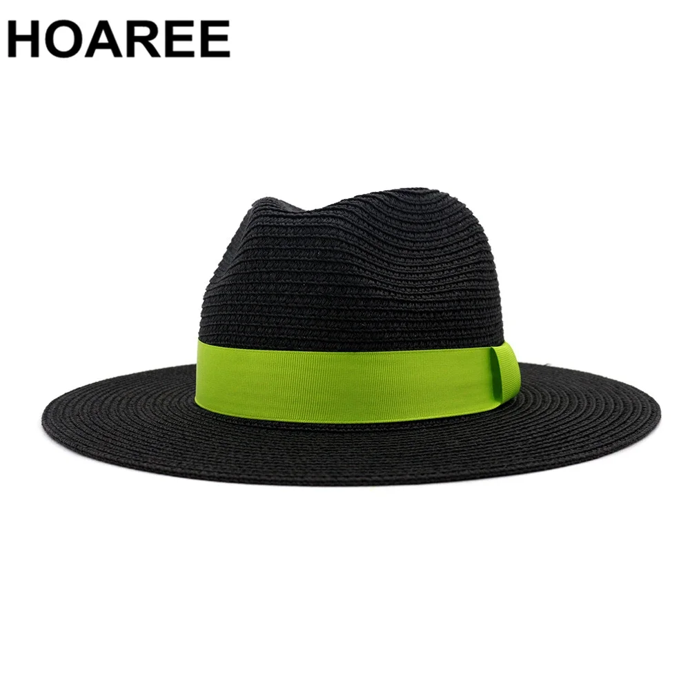 

HOAREE Men Women Panama Hat Stylish Black Green Straw Sun Hats British Style Jazz Fedora Summer Beach Brand Trilby Wide Brim Hat