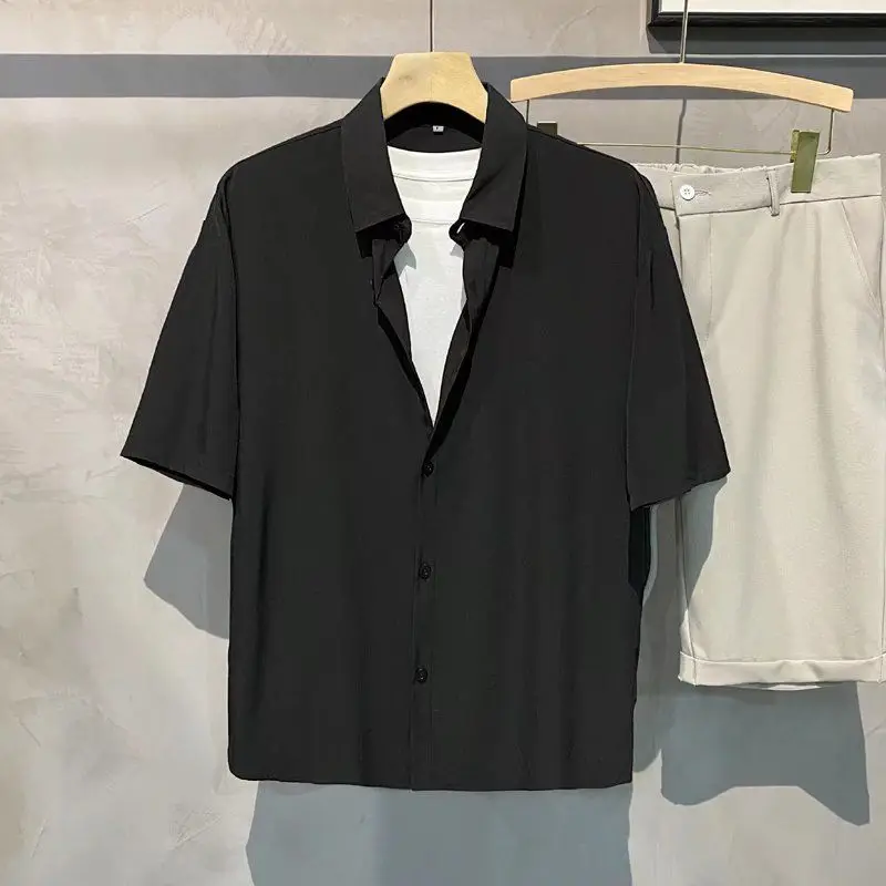 2024 Summer New Korean Ice Silk Short Sleeved Shirt Men Solid Lapel Patchwork Button Cool Breakable Simple Fashion Versatile Top