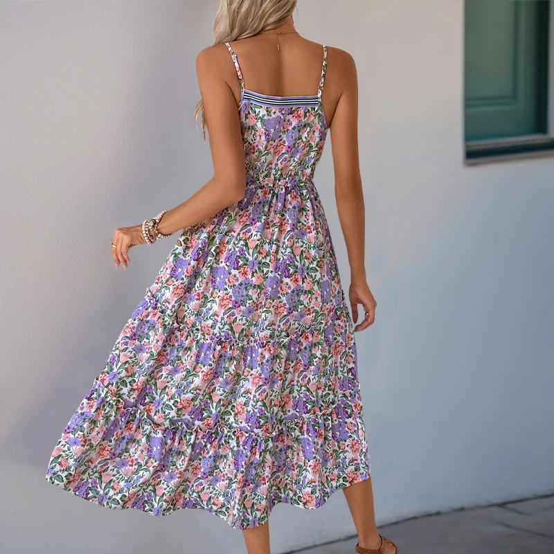 فستان كامي نسائي أزرق بطبعة زهور وربطة خصر متدرجة فستان متوسط الطول للعطلات الصيفية كاجوال للحفلات بوهو فاشن