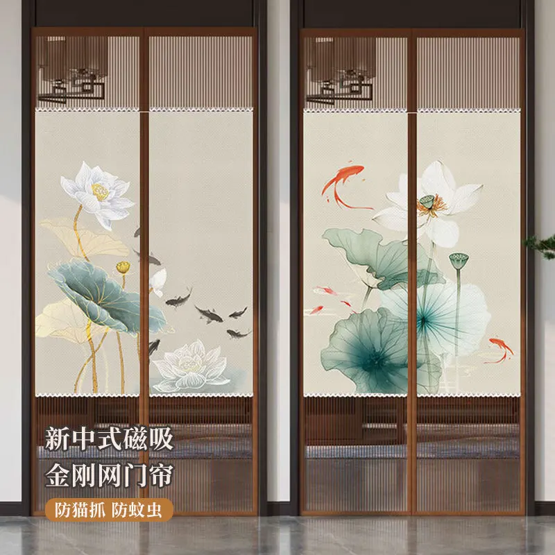 Magnetic Self-Sealing Fly Screen Door with Privacy Cloth Summer Mosquito Proof Door Screen Heavy Duty Mesh Sliding Screen Door