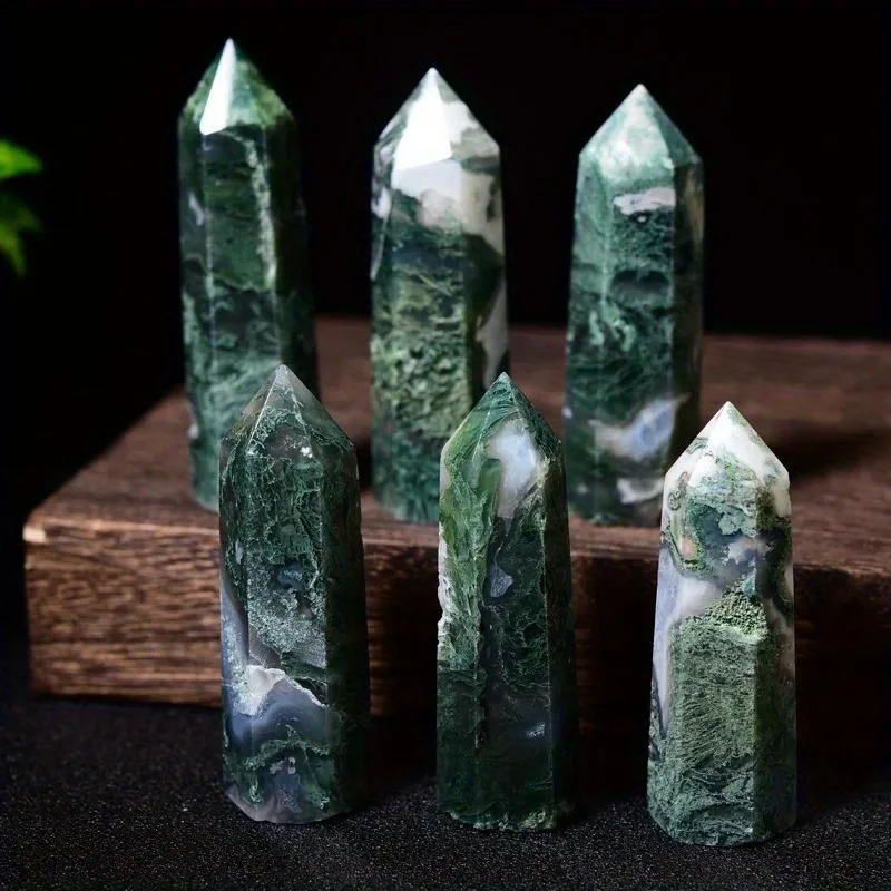 

Natural Crystals Moss Agate Wands Healing Chakra Stones 6 Faceted Prism Aquatic Agate Single Point Tower Home Decor