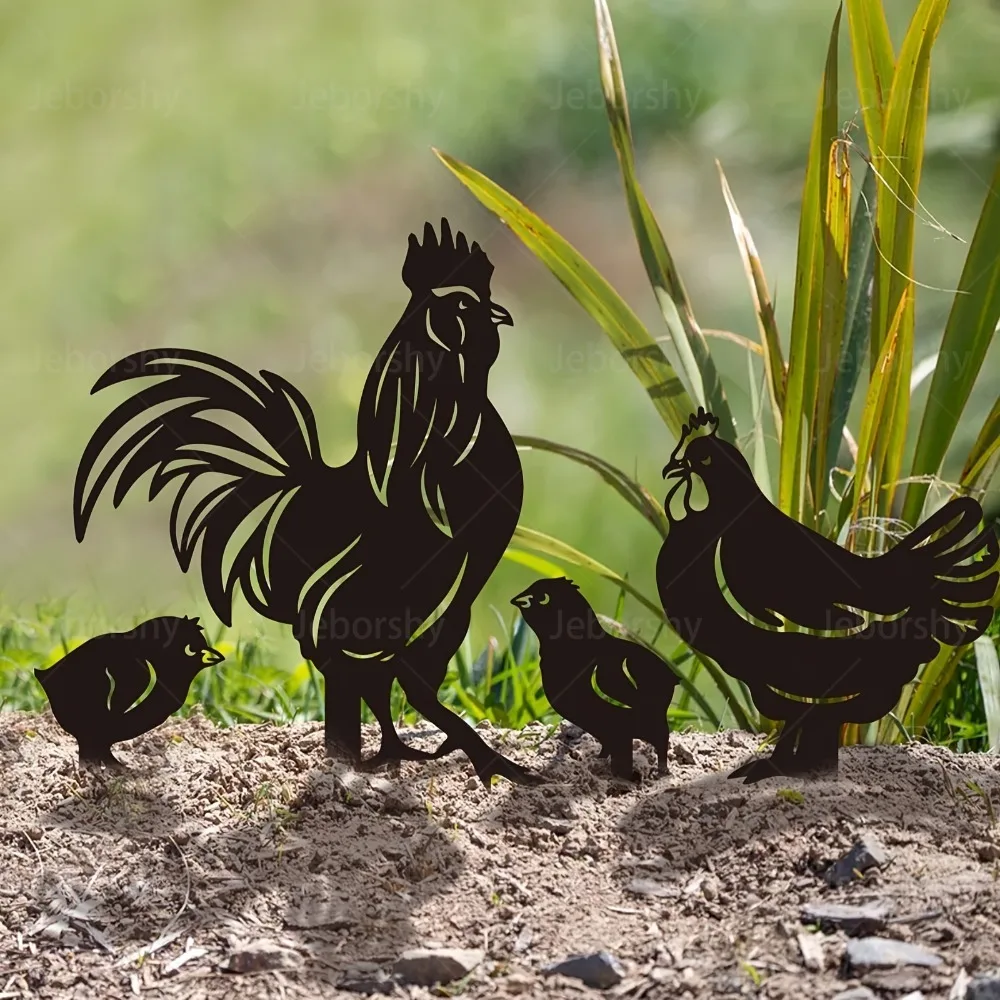 4pc Chicken Family Metal Garden Decor Iron Farmhouse Yard Art for Lawn Patio Gift for Country Lovers