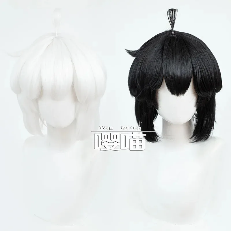 CyLuo Xiaohei Hei أنيمي أسطورة LUOXIAOHEI تأثيري أسود أبيض شعر مستعار الدعامة الشعر القصير القط كوس هدايا حفلات الهالوين كرنفال