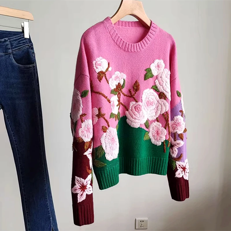 Herbst Winter europäischen O-Ausschnitt Pullover lose Farbe passend grün 3d Stickerei Langarm Pullover y2k ästhetisch elegante Dame