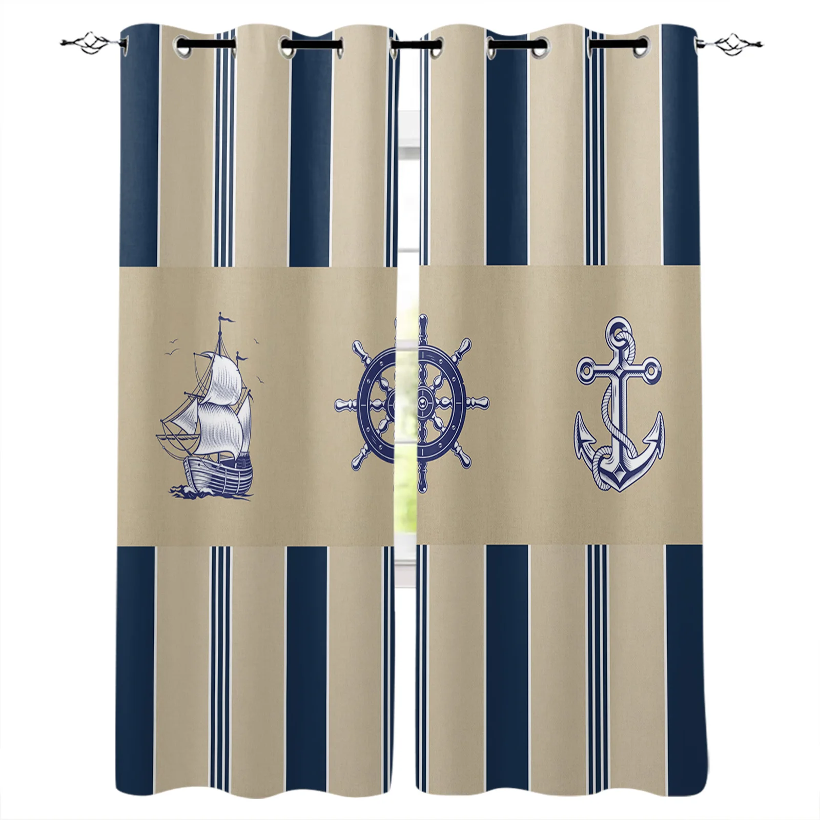 

Ocean Blue Striped Ship Rudder Anchor Brown Living Room Bedroom Elegant Curtains For Kitchen The Room Window Treatments Drapes