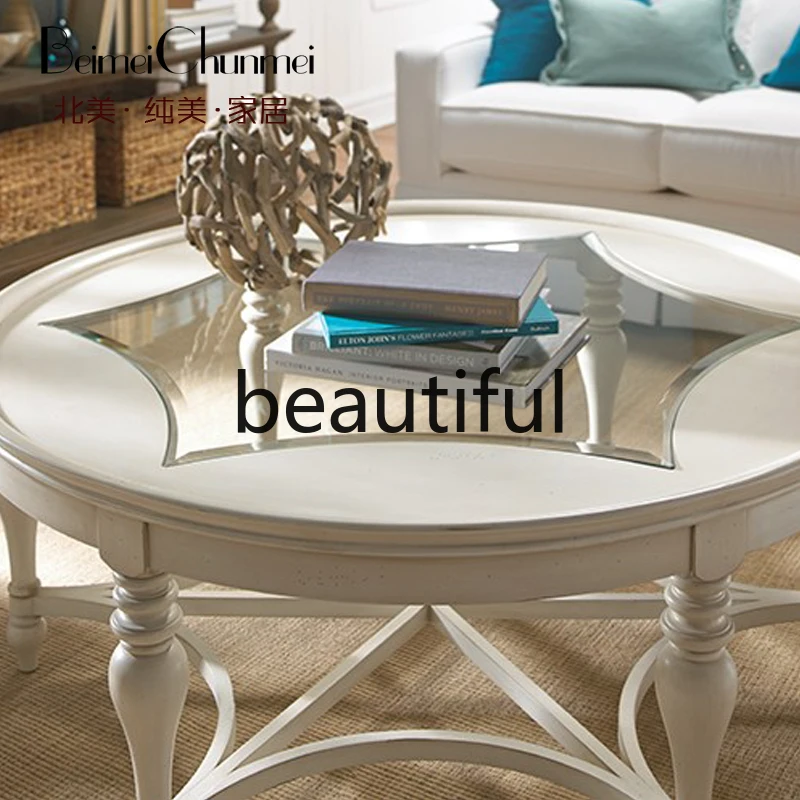 Round solid wood coffee table pastoral living room tea table tempered glass coffee table white