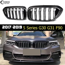 1 Pair Dual Slat Gloss Black ABS Kidney Racing Grille For BMW 5 Series G30 G31 F90(M5) 2017-2019 Pre-LCI Car Front Bumper Grille