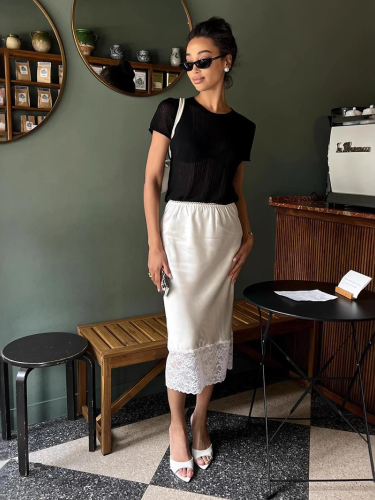 ملابس امرأة 2025 الخريف الدانتيل المرقعة التنانير الشارع الشهير Y2K الإناث منتصف العجل تنورة الساتان أنيقة الإناث عطلة فستان الحفلات