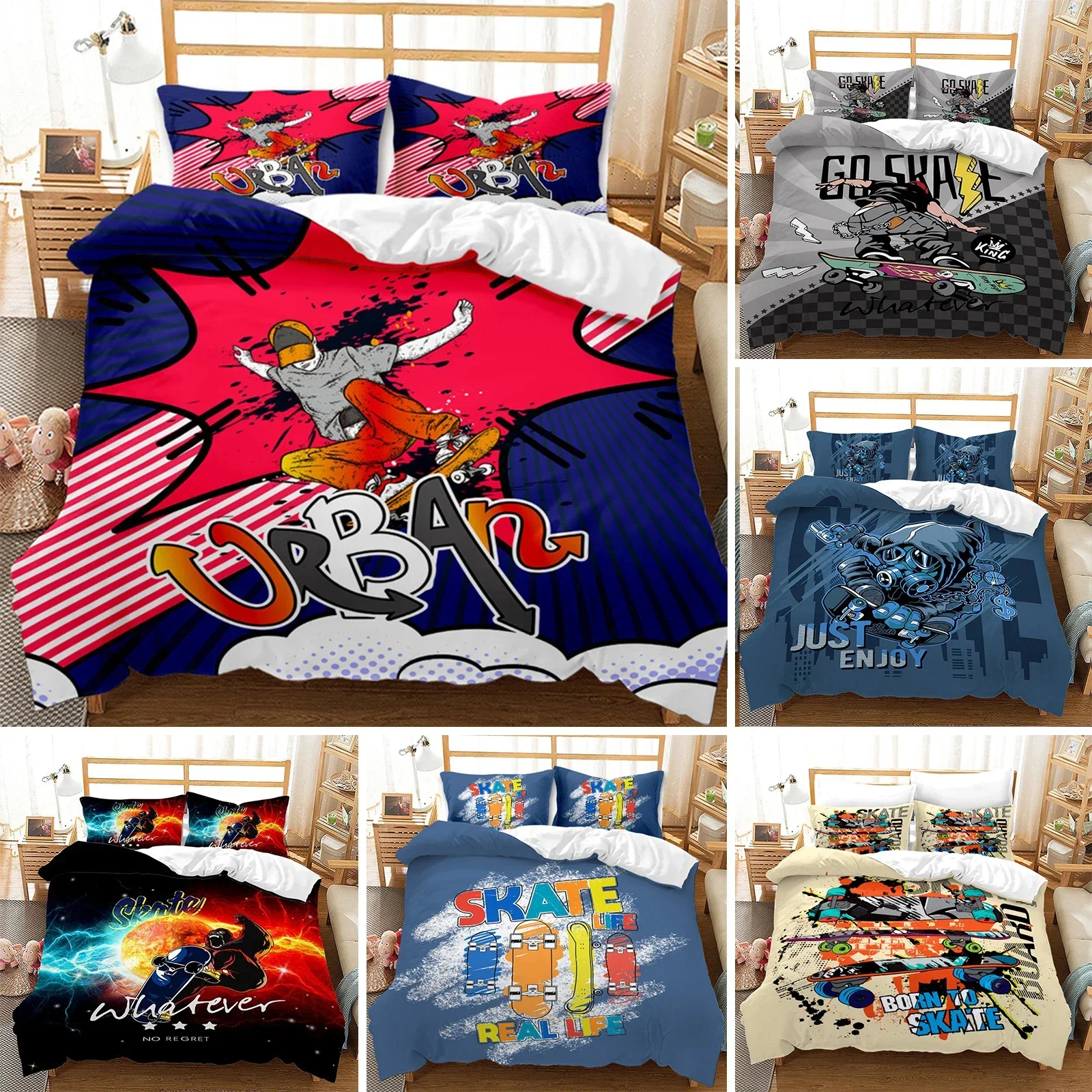 Skateboard Duvet Cover Microfiber Extreme Sports Game Bedding Set Astronaut Spaceman Skateboard Quilt Cover For Kids Teen Boys