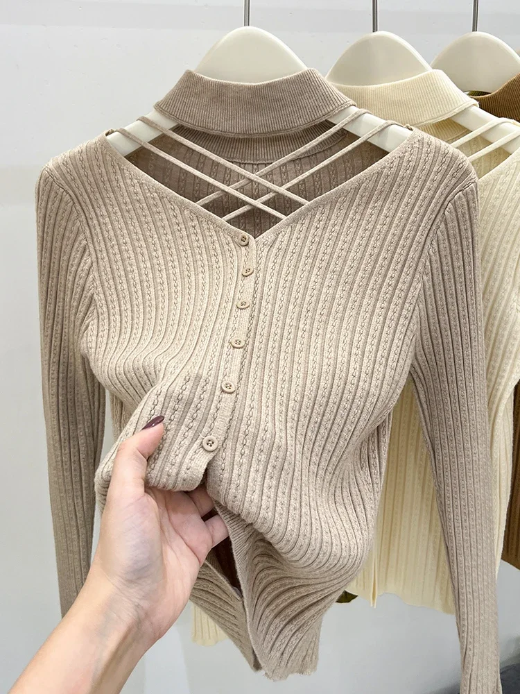 Sexy Hallow Out Halter Knitted Top For Women 2025 Autumn Solid Base Long Sleeve Bottoming Sweater Shirt