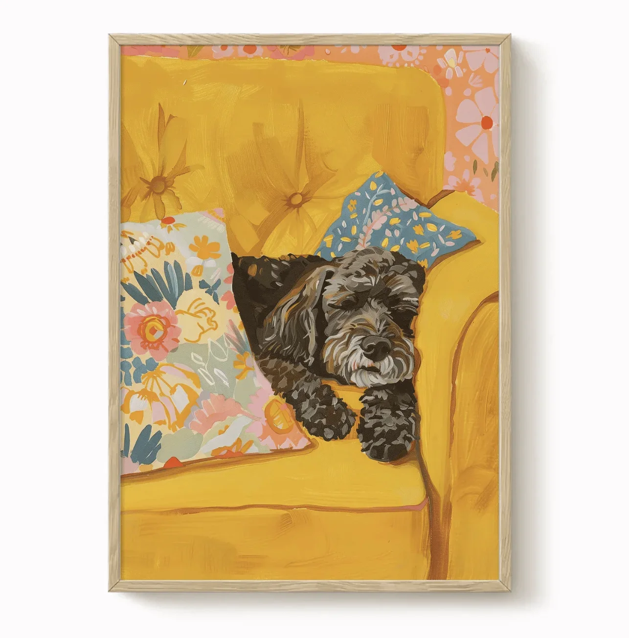 1pc frameless Canvas Painting Colorful Yellow Sofa Sleeping Schnauzer Canvas Prints, Floral Cushion Cute Dog Posters Living Room