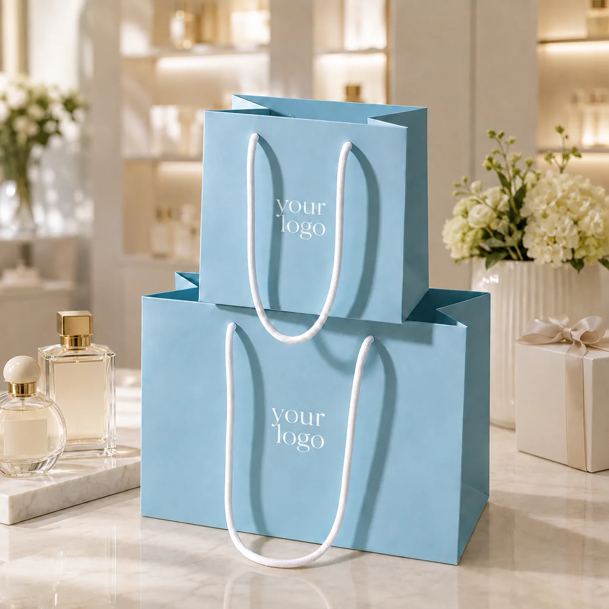 Custom Logo White Cardboard Shopping Tote Bag Recyclable Luxury Printed Flower Gift Bag For Florist Boutique Packaging