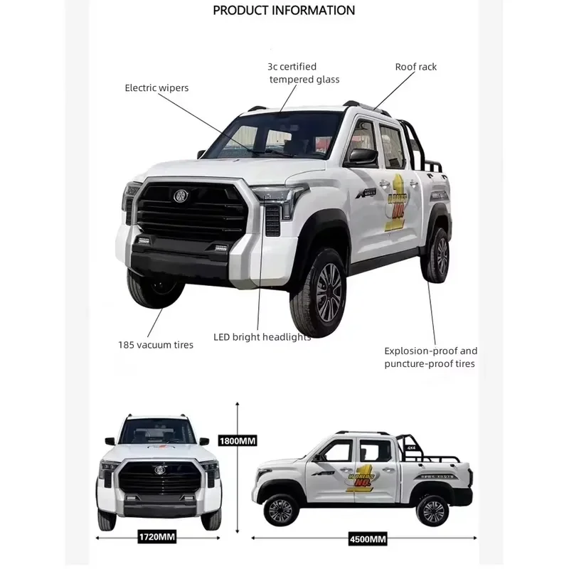 LiFePO4 Battery Electric Pickup Truck 500km Range 4000W Power with Trailer for Passenger Cargo Transport and Climbing