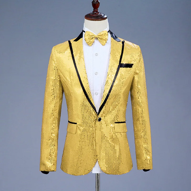 Jaqueta masculina de lantejoula dourada Glitter embelezada Blazer, terno de baile de boate, Blazer Top, fantasia de desempenho para clube, cantor anfitrião