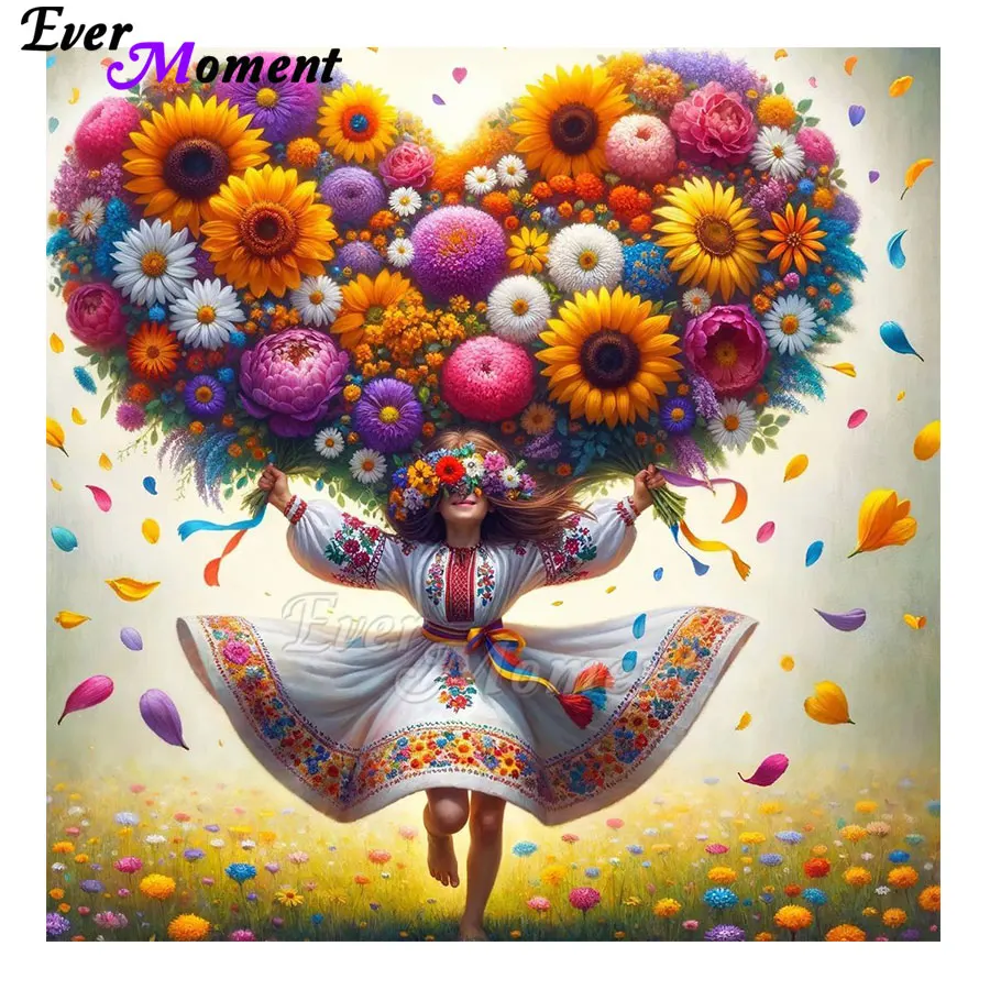 

Счастливая девушка с цветами алмазная живопись полная квадратная круглая дрель мозаика художественный набор для рисования в горошек настенное искусство ASF2937