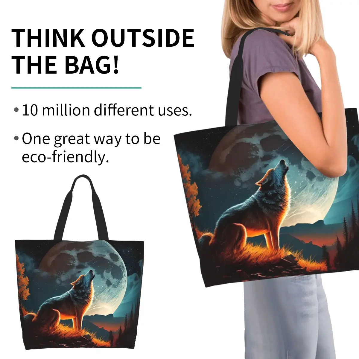 Howling Wolf Under The Moonlight Print Shopping Tote Bag Canvas Large Capacity Shoulder Bags Shopper Grocery Handbag for Women