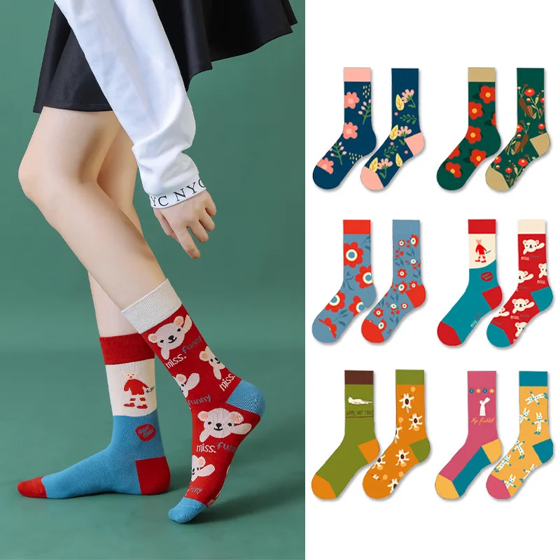 

Lovely Asymmetric Floral Print Cotton Socks Women Creative AB Cartoon Animal Bear Sock Mandarin Duck Breathable Rabbit Cat Soxs