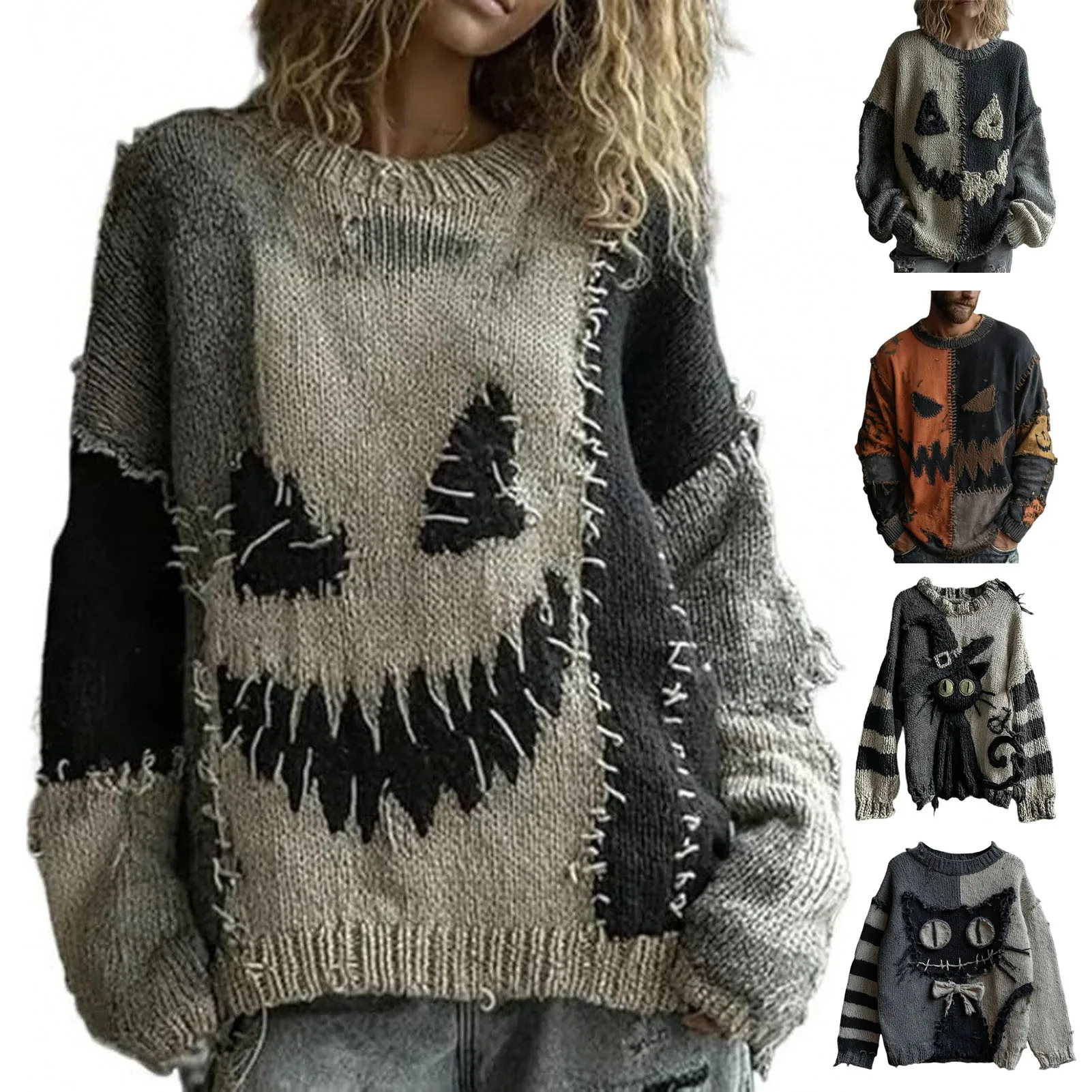 

5XL Men Women Halloween Patchwork Sweatshirts Spooky FacePrinted Hoodie Fashion Party Long sleeves Warm Large Size Loose Clothes