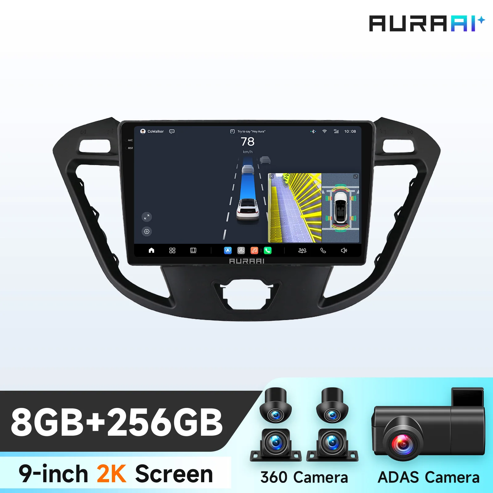 AURAAI Autoradio für Transit Tourneo Custom 2013-2021 Kabelloses Android Auto Carplay Auto-Multimedia 4G HD Stereo 2K Bildschirm-Player