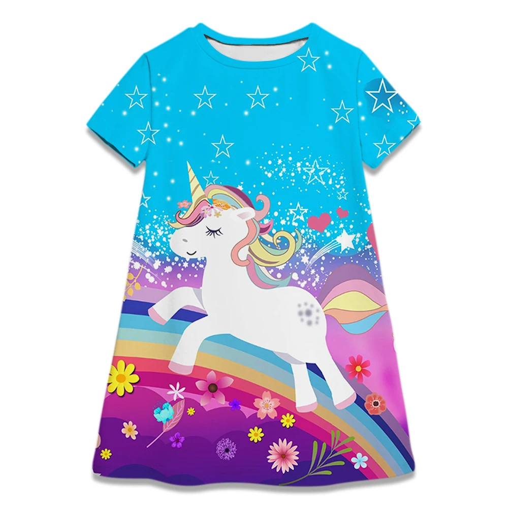 Children's A-line Princess Dresses Summer Girls Unicorn Beach Dress Kawaii Casual Skirt Soft Breathable Top Clothing Homewear