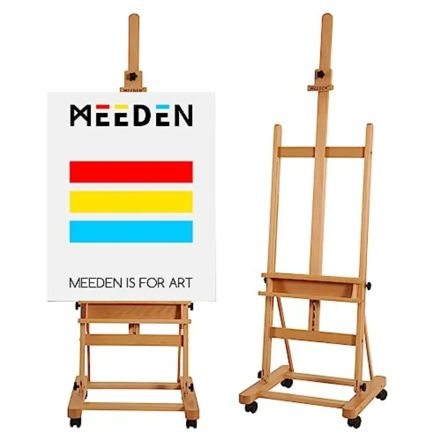 Large Studio H-Frame Beech Wood Artist Easel - Adjustable Movable Tilting Floor Painting Easel Stand Holds Canvas Art up to 48