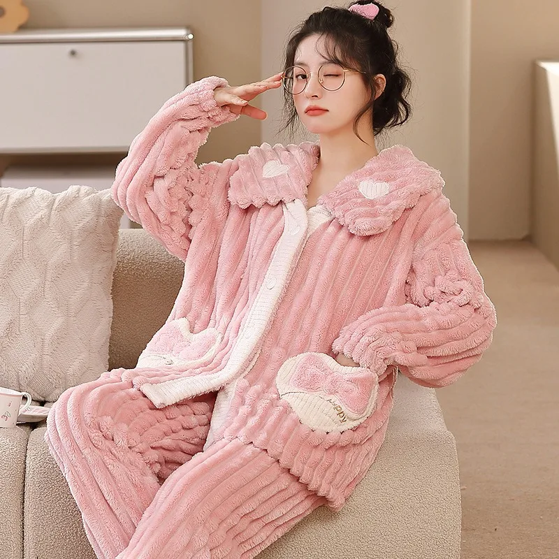 

Thickened Warm Winter Pajamas Flannel Sweet Heart-Shaped Pocket Coral Velvet Ladies Loungewear Cover Striped Nightwear