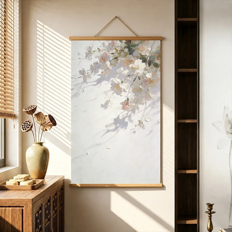 Wall Decor Pale Pink Blossoms in Snowy Light, Soft Neutral Tone Pearlescent Canvas Wall Hanging Scroll for Spa Treatment Room