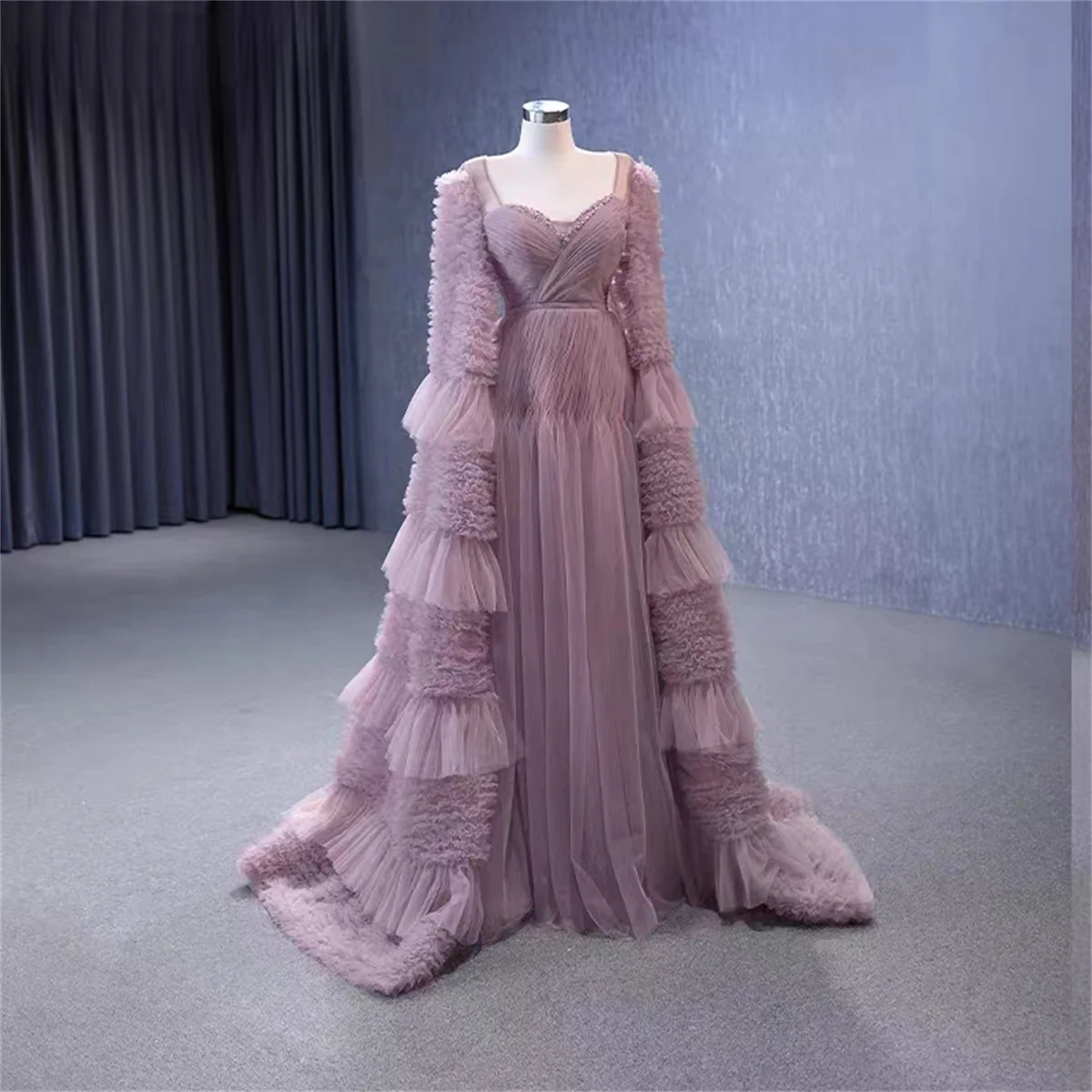 Custom Wedding Dress Evening Dress Long Sleeve Square Neck Light Purple Elegant Cascading Pleated Classic 2023 New Style