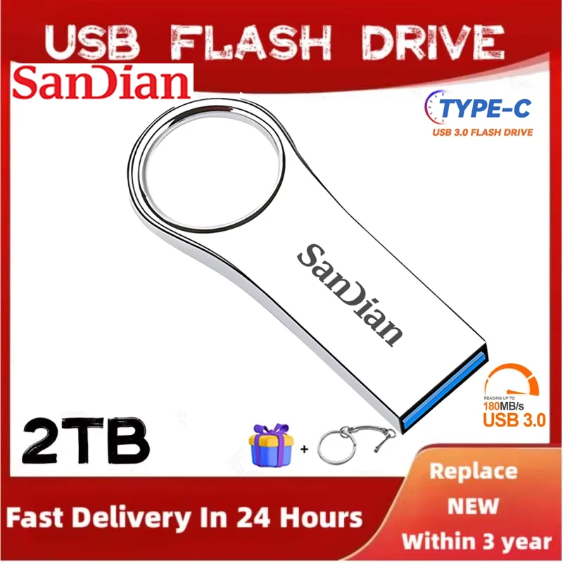 Unidade flash USB de alta velocidade para PC, mini Pendrive portátil, disco flash de metal, nova memória chave USB3.1, 2TB, 1TB, 512GB, 256GB