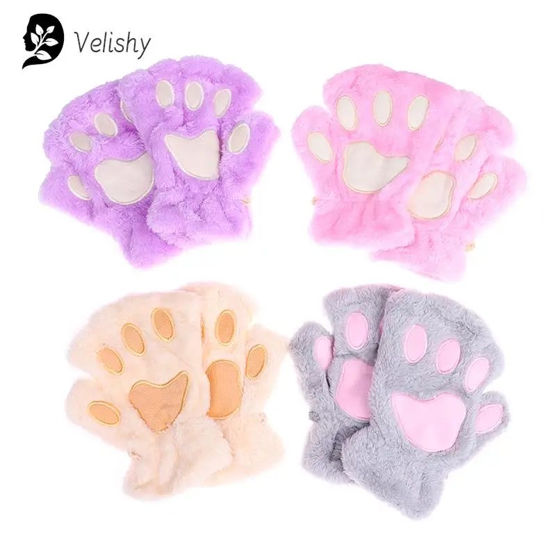 

Cute Cat Paw Fluffy Claw Fingerless Gloves Warm Soft Plush Fingerless Panda Glove Half Finger Women Winter Wear Christmas Gifts