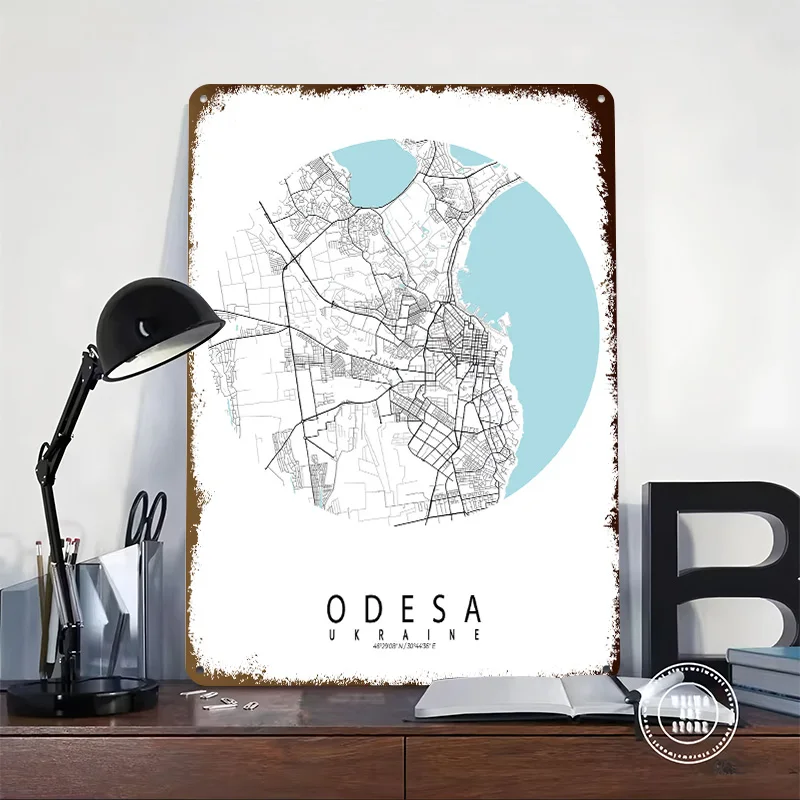 Odesa City Map Ukraine Circle Tinplate Poster Custom Wall Art Vintage Metal Signs Retro Tin Plaque for Bedroom Decorations House