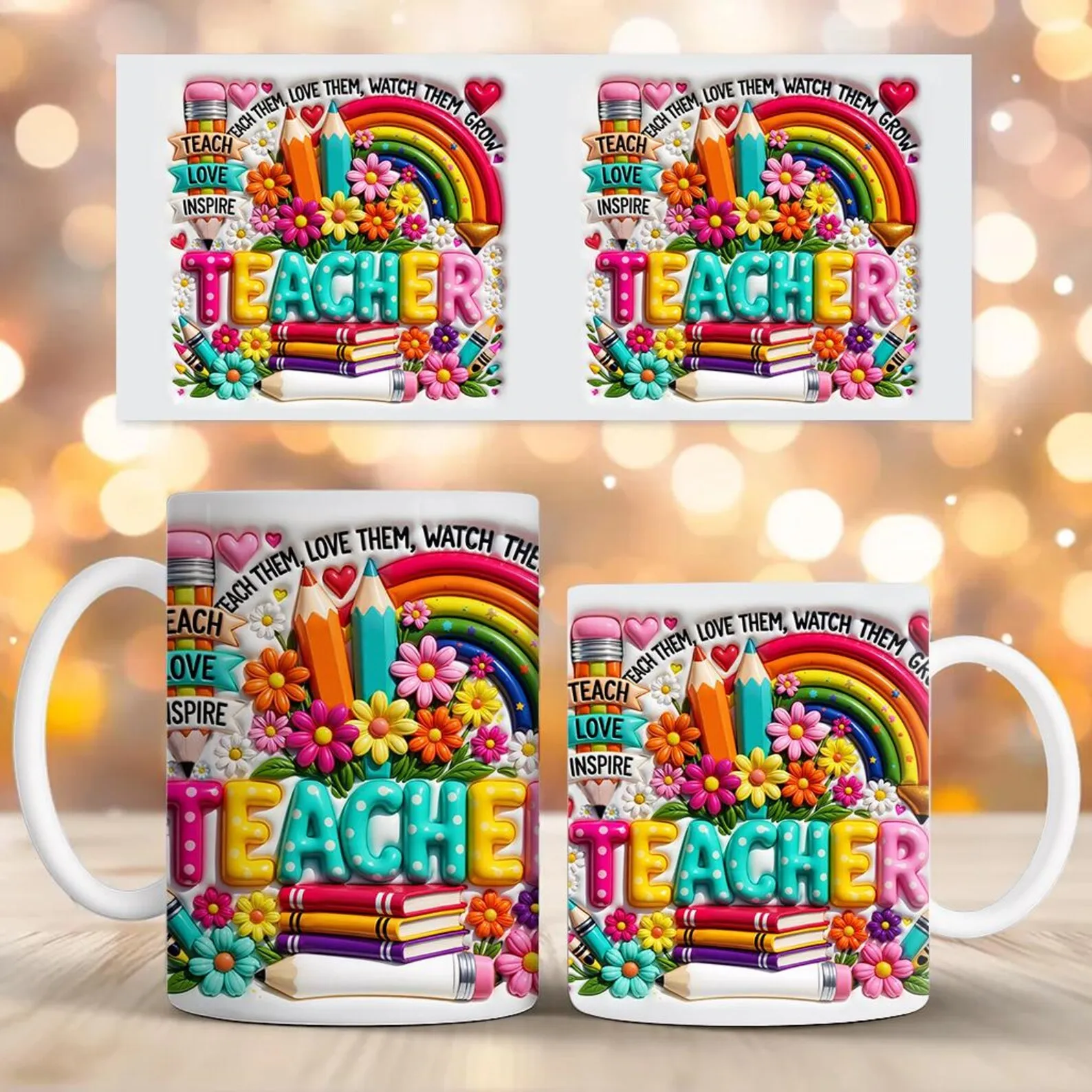 Inflated Floral Teacher Mug Wrap PNG 20oz Rainbow Pencil School Teacher Cup Sublimation Design Instant Digital Download