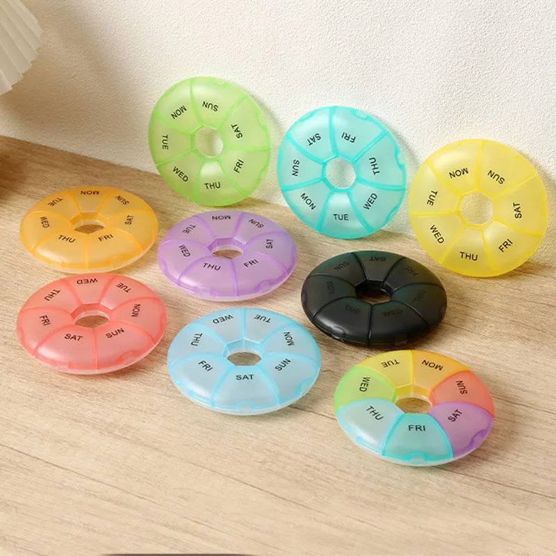 Travel Organizer Pill Container 7 Grids Weekly 7 Days Round Pill Case Plastic Tablet Candy Box Portable Storage Tablet Holder