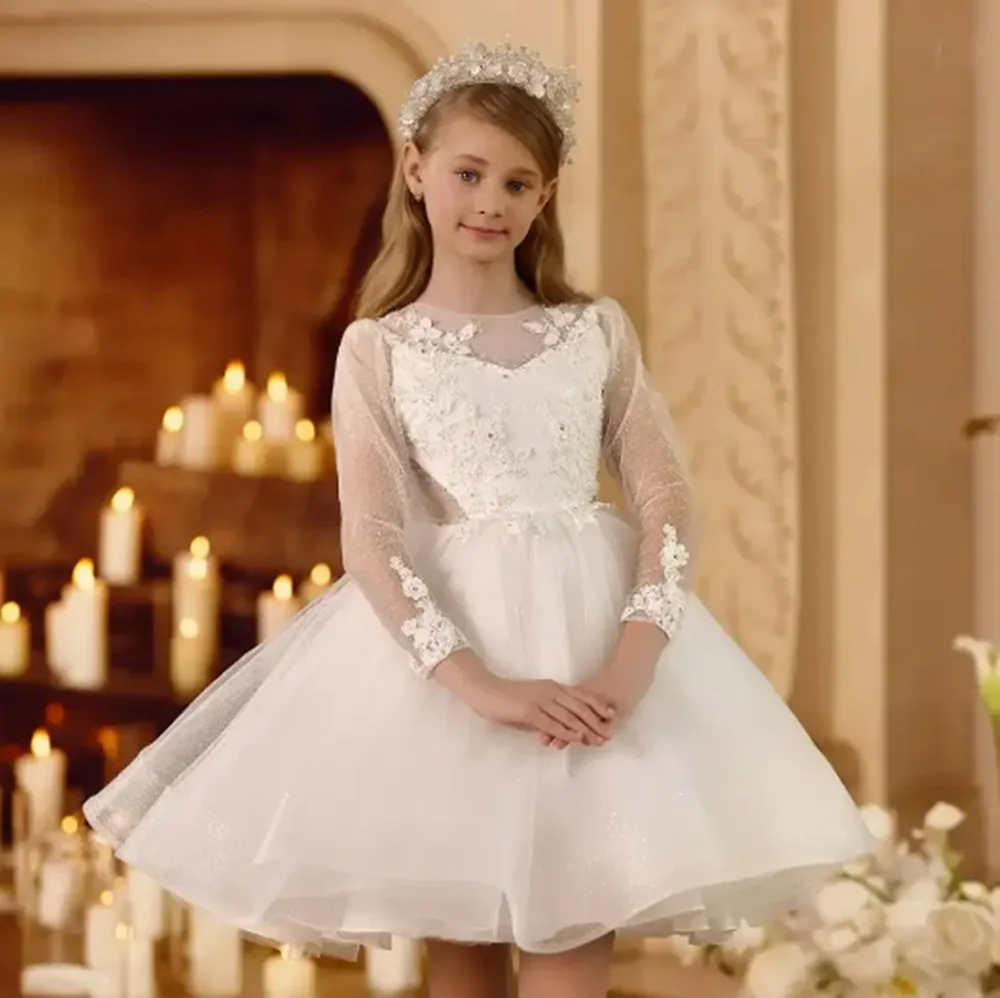 カスタマイズされたエレガントなフラワーガールドレス結婚式用グリッターチュールふくらんアップリケ子供の誕生日パーティープロムフォーマルな機会のガウン