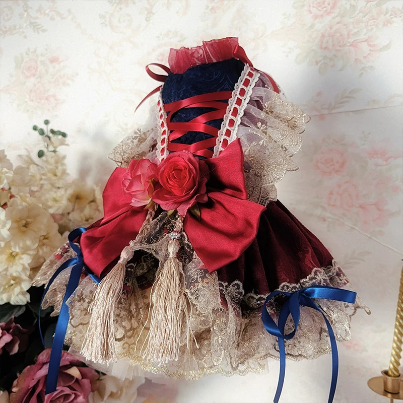 

Luxury Palace Style Pet Dog Clothes Elegant Fashion Wine Red Flower Long Tail Dresses For Small Medium Dog Fine Puppy Clothing