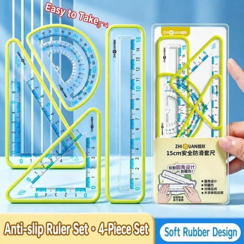 4Pcs Plastic Ruler Set Soft Wrapped Edge Non-Slip Drawing Measuring Ruler Math Drawing Stationery Geometry Ruler Kit
