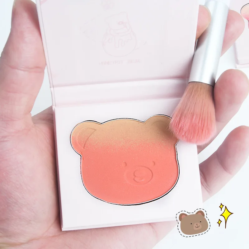 Pink Bear Gradient Blush Pallete 3 Color Peach Face Mineral Pigment Cheek Blusher Powder Makeup Contour Shadow Cute Pink Blusher