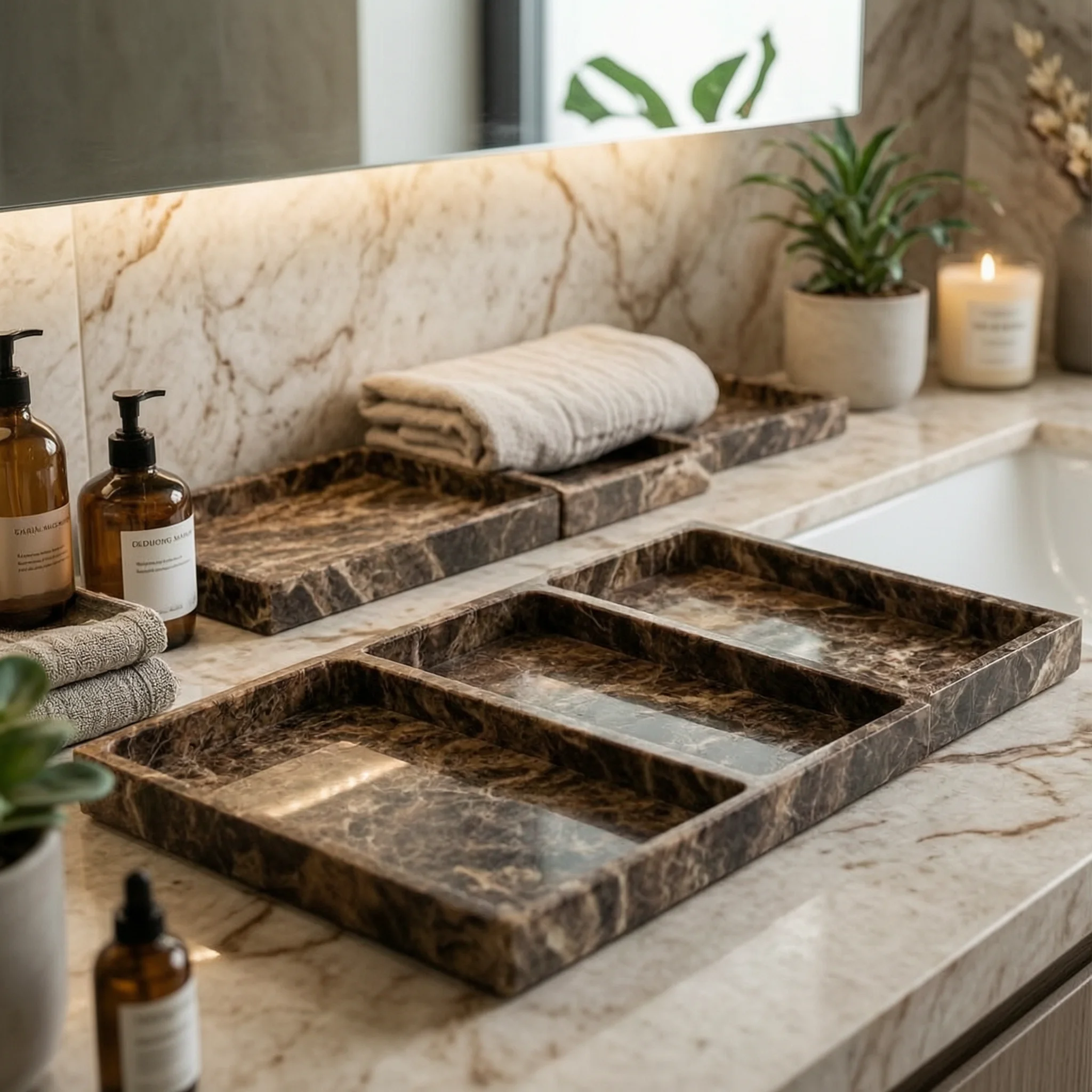 Marble Vanity Tray Rectangular Marble Bathroom Tray Glossy Decorative for Bedside