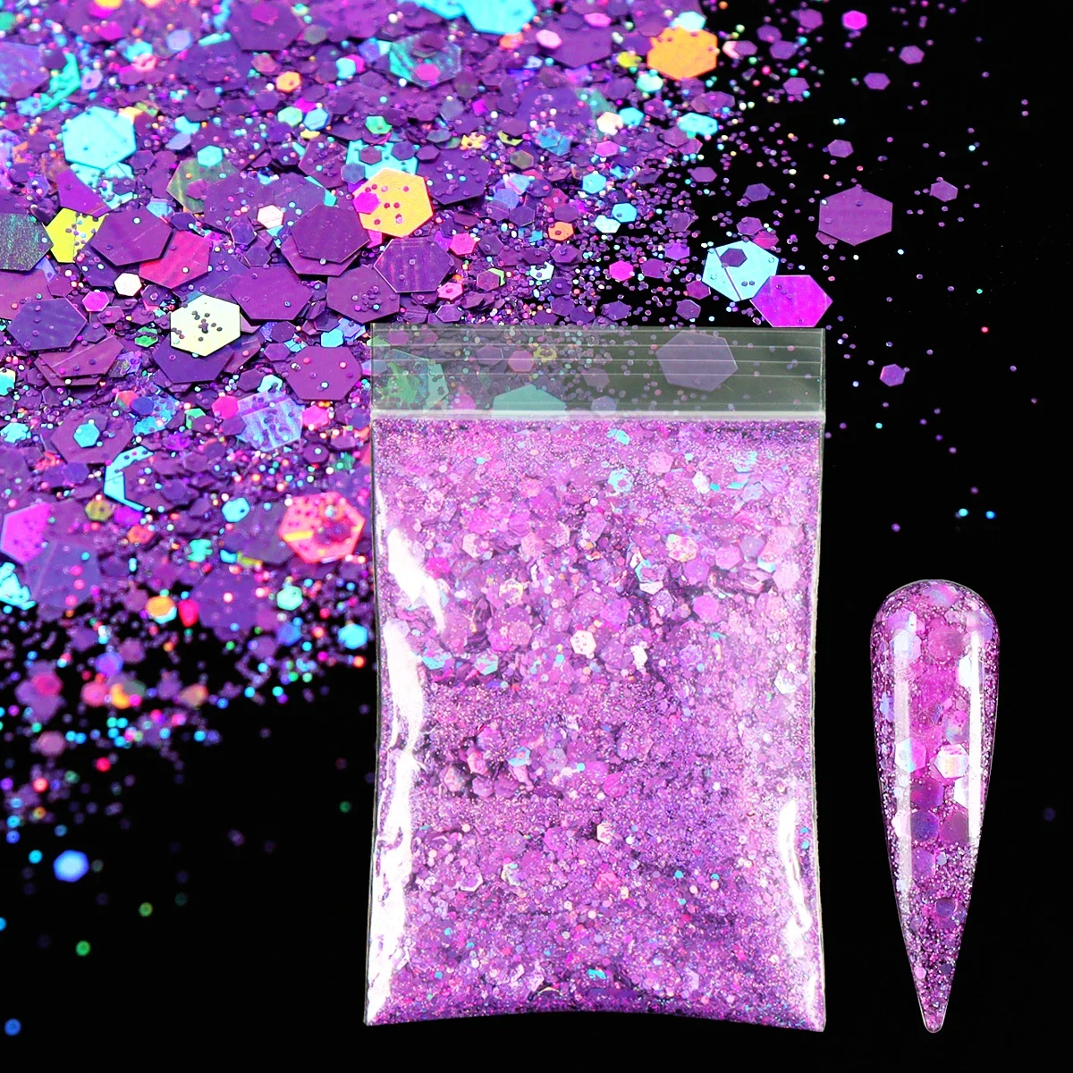 Roxo Holográfico Prego Glitter, Mixed Hexagon Chunky, Decoração de lantejoulas brilhante, Nails Art Accessories Supplies, 10g por saco