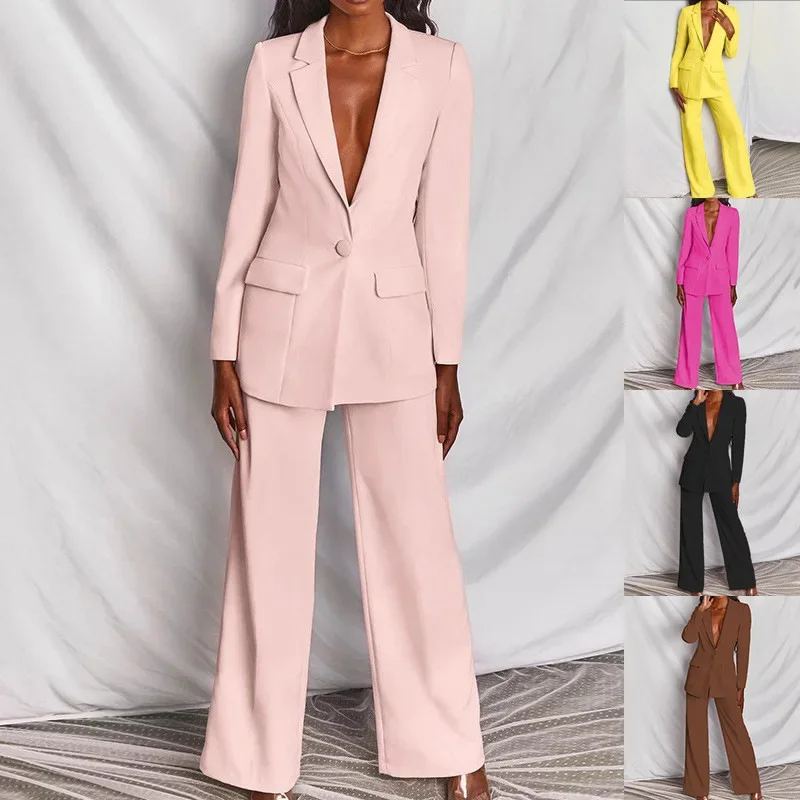 

Autumn New Women's Elegant Single Button Long Sleeves Suit Straight-Leg Trousers Two-pieces Set Plus Size Woman Clothes Outfits