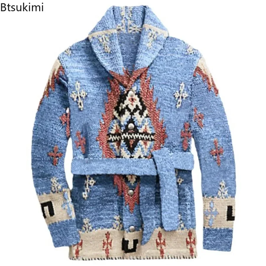American Retro Heavy Jacquard Knitted Sweater for Men Autumn Winter Fashion Mid-length Cardigan Thicken Casual Sweater Coat Male