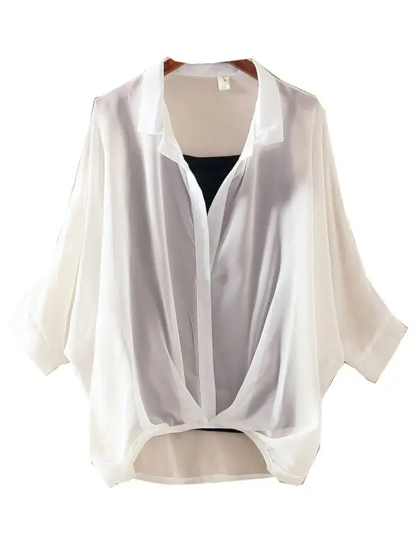 เสื้อชีฟองทรงหลวมแบบแขนค้างคาวสำหรับฤดูร้อน ช่วยให้ดูผอมเพรียว แฟชั่นสำหรับผู้หญิง คอปกเล็ก ความยาวปกติ ทรงเข้ารูป