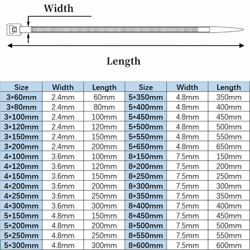 8/10series Width 7.5/8.2mm 400mm~900mm Self-Locking Plastic Nylon Tie Black /White Zip Wraps Strap Nylon Cable Tie