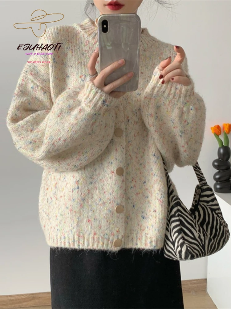 Women\'s Korean Fashion Sweater Cardigan Winter Retro Colour Mixture Yarn Knitwears Lantern Sleeves Coat Girls Sweet Pink Tops