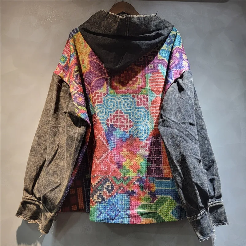 WTHT ファッション不規則なコントラストカラーニットプリントフード付きデニムジャケット女性のための 2025 秋長袖コート女性 1LS2273