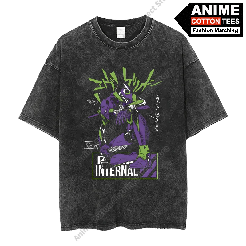 Anime NEON GENESIS EVANGELION TEST TYPE EVA-01 Print T Shirt Cotton Washed Vintage Oversized Loose Tees Casual Unisex T-shirt