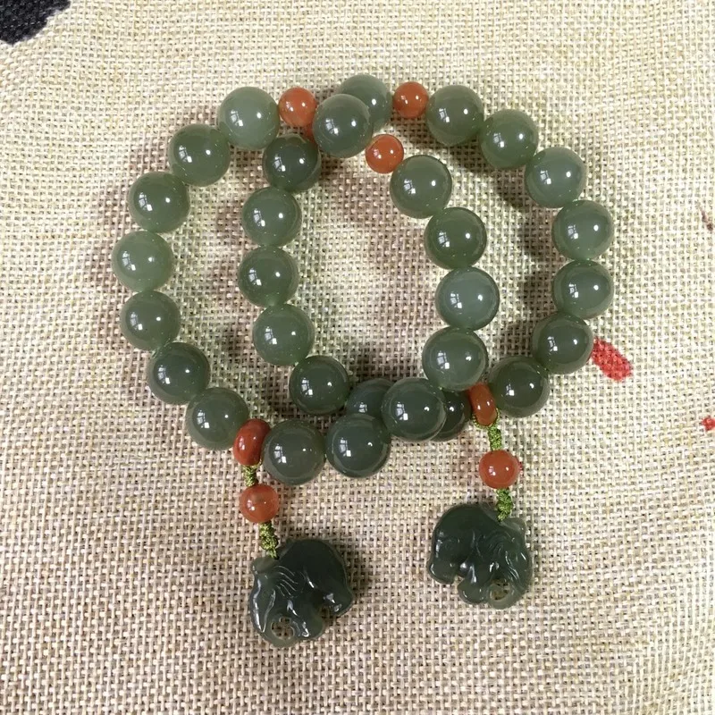 Little , Hetian Jade Oil Green Qinghai Material Round Bead , Animal Elephant Bracelet