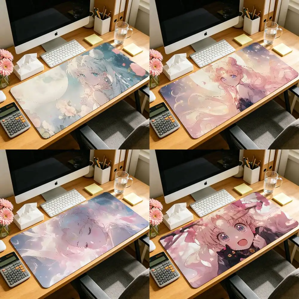 Pink S-Sailor Cute M-MoonS-W Minimalist Pure White Oversized Desk Pad Waterproof Oilproof Keyboard Mat Office Writing Mousepad