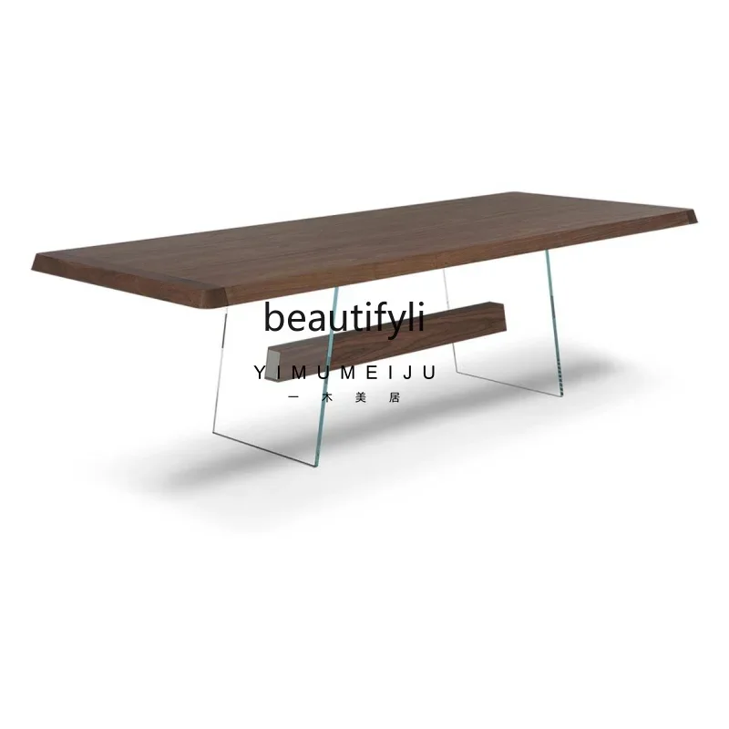 

ss newItalian Furniture Light Luxury Modern Minimalist Black Walnut Solid Wood Dining Table Glass Minimalist Tea Table