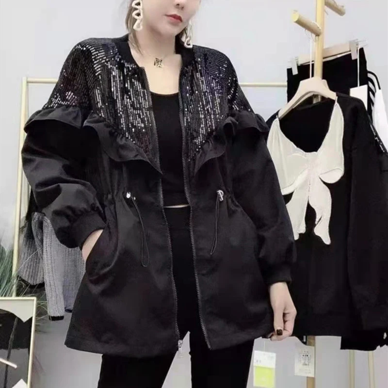 새로운 패션 짧은 트렌치 자켓 여성 Streetwear 코트 2022 봄 가을 Sequined 윈드 브레이커 Outwear 여성 느슨한 지퍼 탑